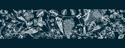 Spring seamless pattern in sketched style. Hand drawn birds and blooming tree branches ribbon. Cherry, almond, willow, rowan, currant, japanese quince, guelder rose, lilac in flowers on chalkboard.
